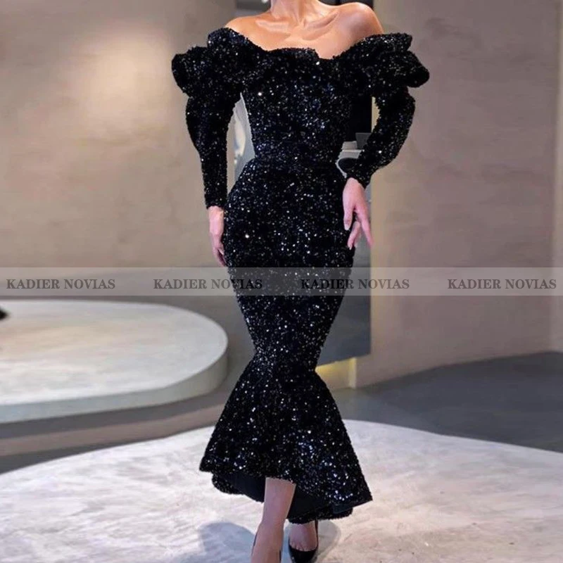 

Kadier Novias Long Sleeve Mermaid Women Black Formal Evening Dress 2021 Tea Length Sequin Robe Soiree Femme Vestidos Formales
