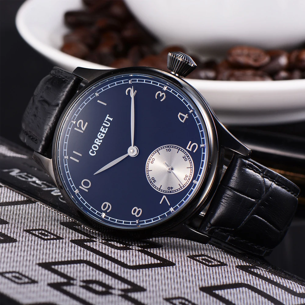 44 мм Corgeut модные часы с кожаным синим циферблатом механические ручным заводом