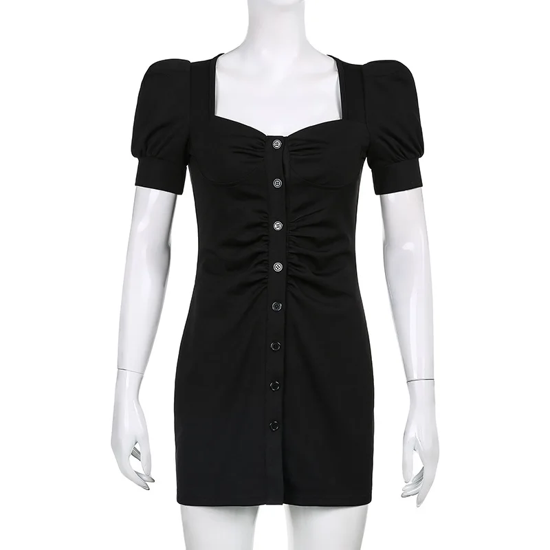 

Retro Palace Style French Puff Sleeve Design Single-Breasted With Little Black Skirt Shirt Summer Dress Women