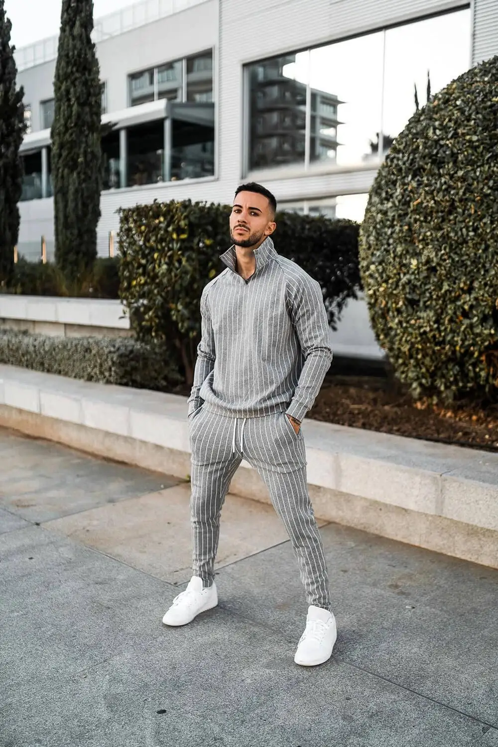 

Men's spring and autumn men's suits trendy casual sports striped cardigan round neck two-piece suit men
