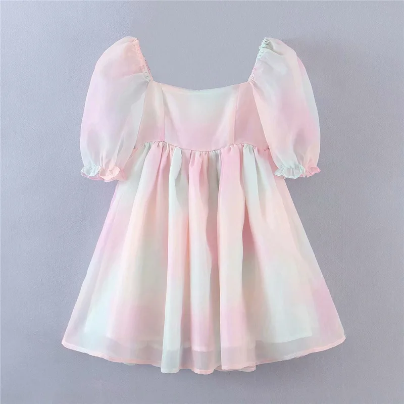

Fashion Dress 2021 summer temperament holiday style rainbow tie-dye puff sleeve cute fairy Dress princess short dress female