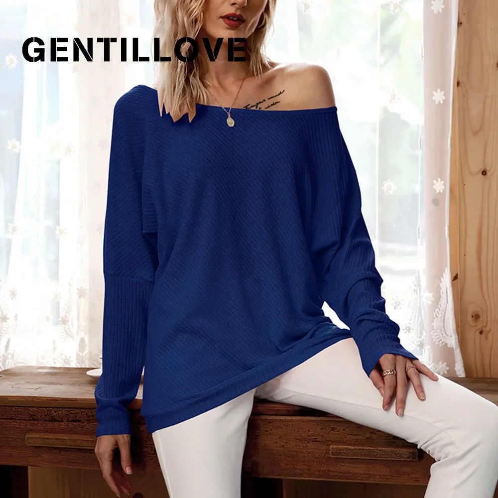 

Casual Off Shoulder Bat Sleeve Women T-shirt Solid Color female Knitwear Pullover Threaded O Neck Oversized Ladies Top Oversized