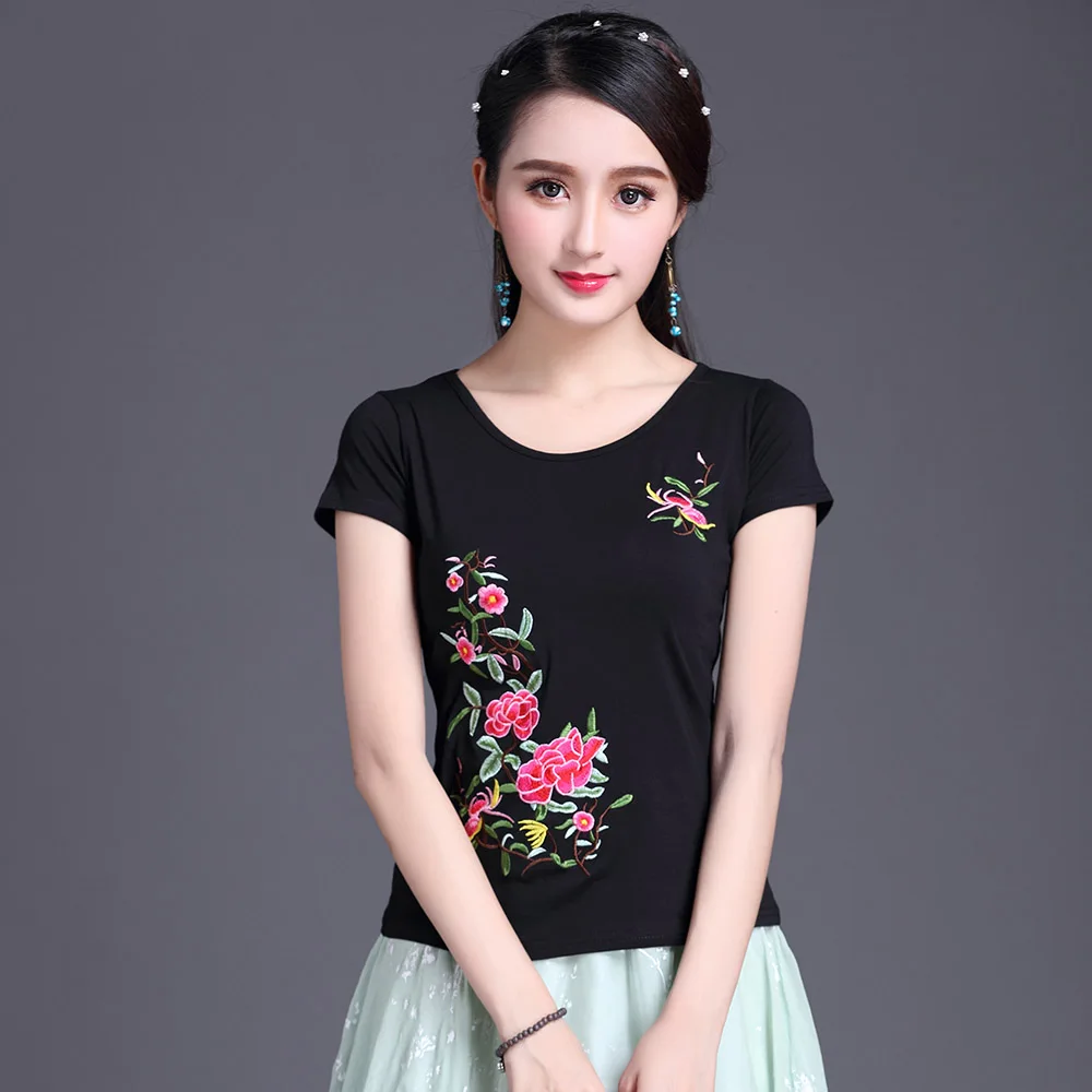 Женская летняя блузка с цветочной вышивкой|Футболки| |