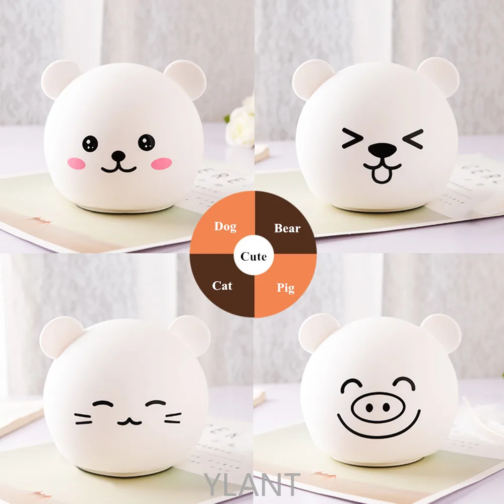 

Сенсорный цветной таймер с USB-зарядкой, силиконовая лампа для детей, подарок для малышей, медведь, кошка, собака, свинья, панда, светодиодный ...