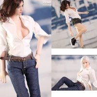 in stock 16 scale sexy female long sleeve deep v neck shirt jeans suit fit for 12 doll action figure