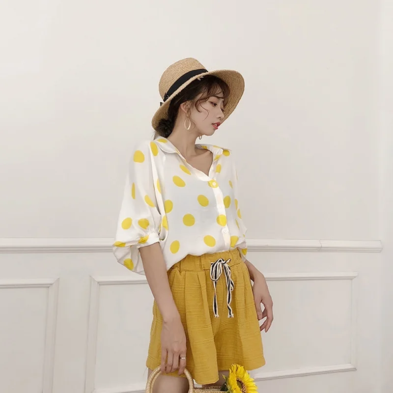 

Women Blouse Casual Shirt Lantern Sleeve Polka Dot Loose Shirts Top Womens Tops and Blouses
