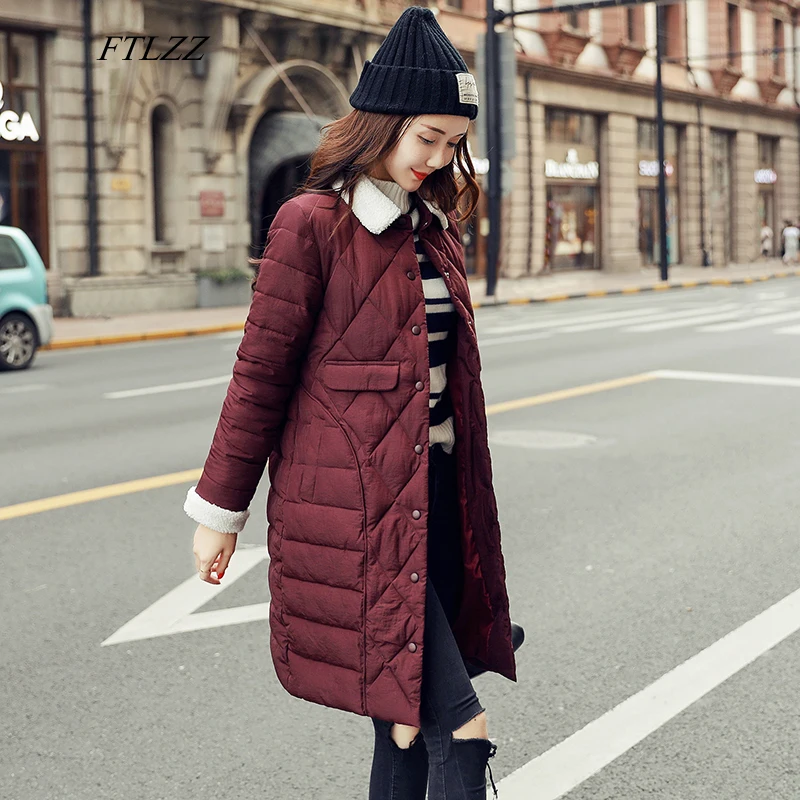 FTLZZ зимнее женское пальто с хлопковой подкладкой средней длины отложной воротник