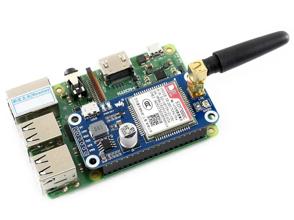 Waveshare NB IoT/eMTC/EDGE/GPRS/GNSS HAT для Raspberry Pi на основе SIM7000C поддерживает TCP UDP PPP HTTP FTP MQTT SMS