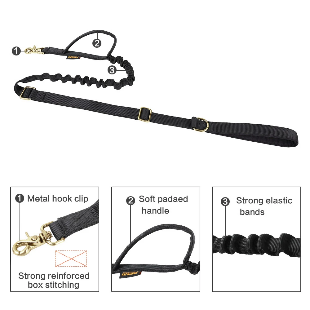 EXCELLENT ELITE SPANKER Tactical Bungee Dog Leash Military Adjustable K9 Elastic Leads Rope with 2 Cont |