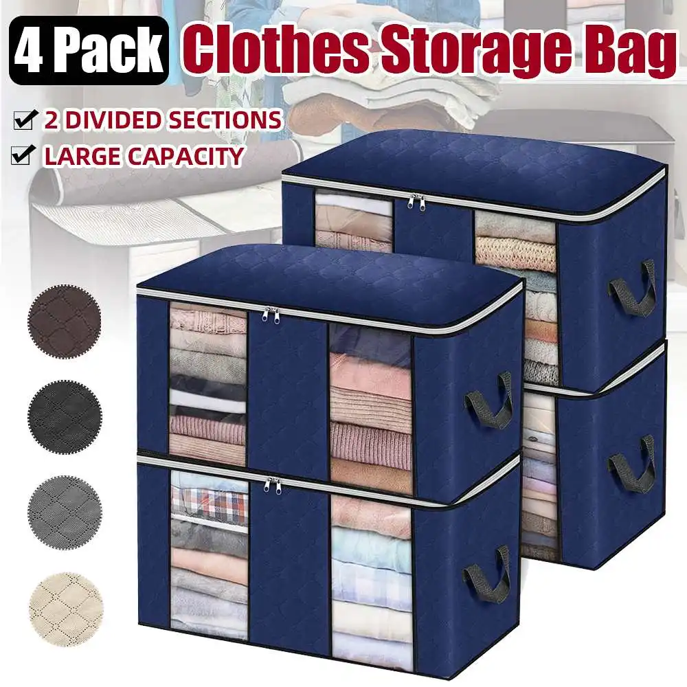 90L 4pcs/set Clothes Storage Bag Home Organizer Foldable Large Capacity Non-woven Storage Box for Comforters Blankets Bedding  - buy with discount