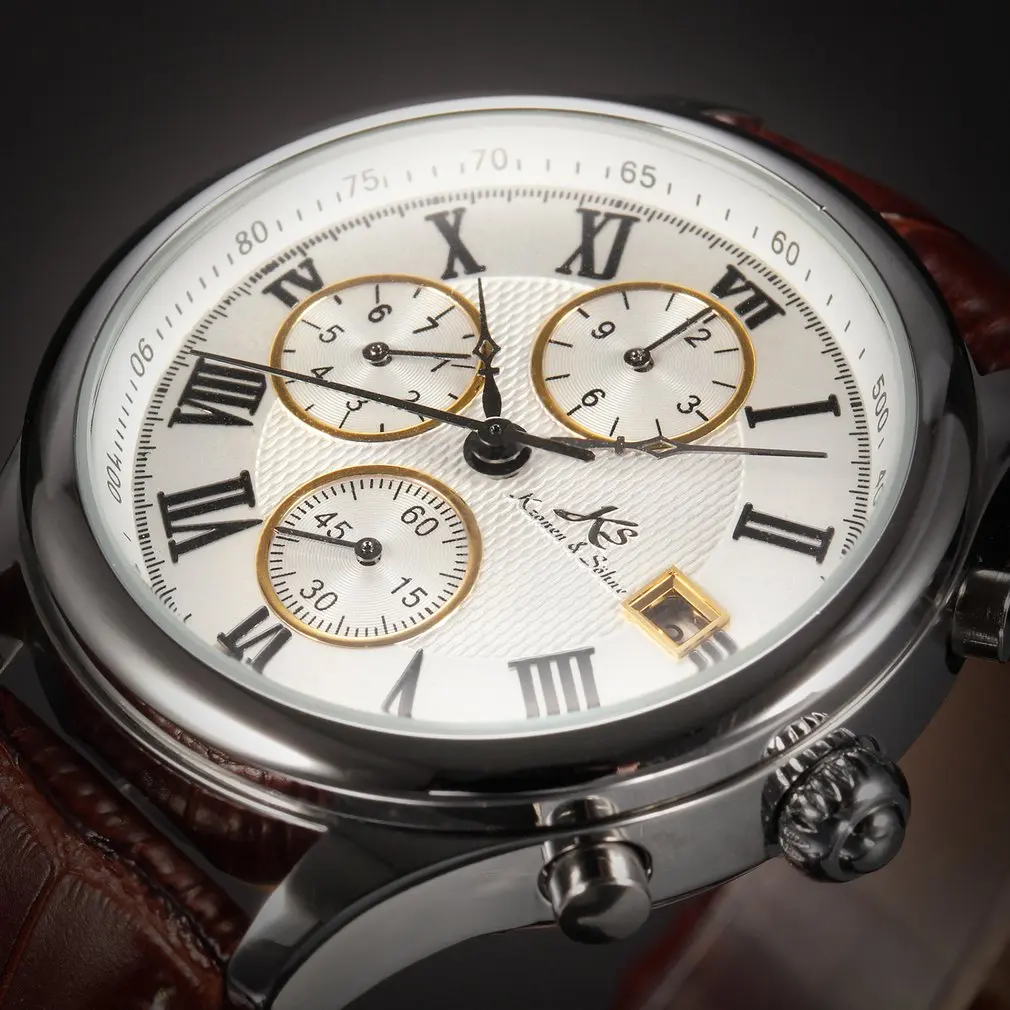 Silver KS144 Роскошная Серия KS Часы для Мужчины Серебряный Корпус из Нержавеющей Стали Коричневый Настоящий Кожаный Ремешок Белый Циферблат Дисплей Дня Даты и 24 Часа Автоматические Механические Мужские Наручные Часы/KS144 - Цвет: Silver KS144