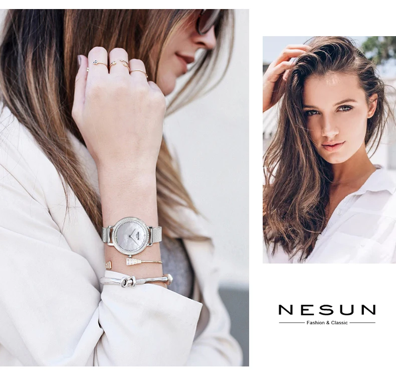 Новинка, женские часы Nesun, люксовый бренд, Япония, кварцевый механизм, жемчуг, Relogio Feminino, часы с бриллиантами, ультра-тонкий, полностью стальной N8809-4