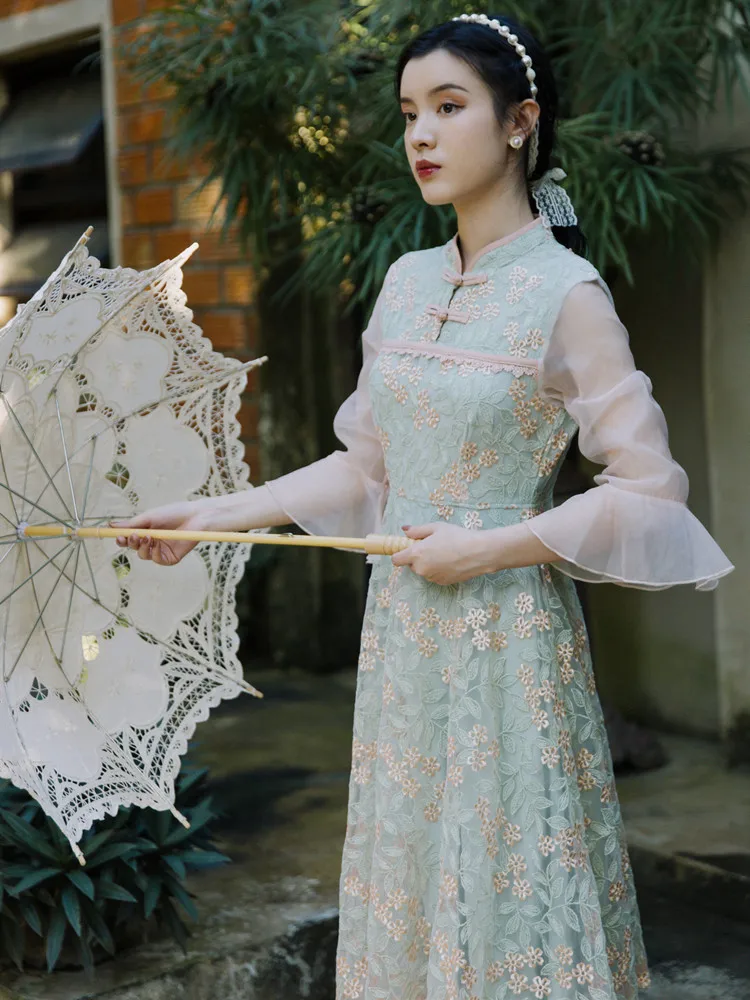 

Женское платье с расклешенным рукавом, винтажное платье с воротником-стойкой, 2020