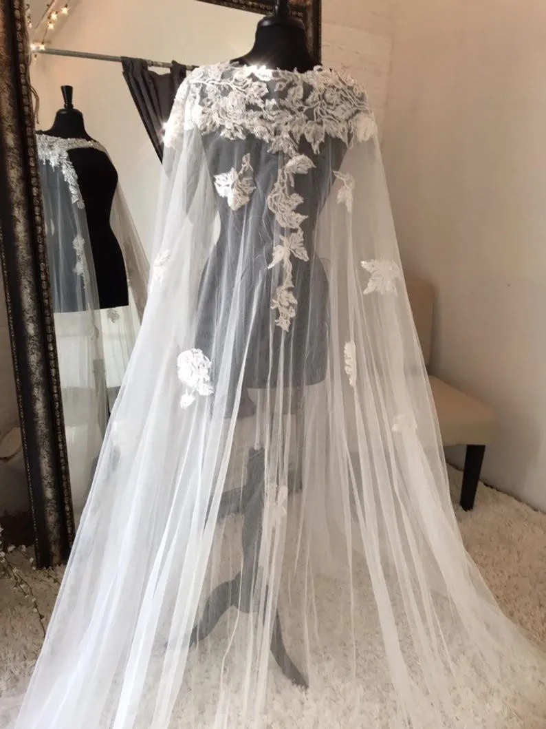 2020 Long Bridal Wedding Cape Veil With Lace multiple White/ivory Wraps Appliques Jacket Cloak |