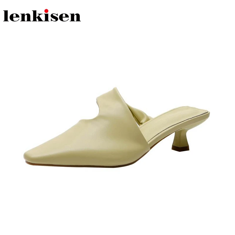 

Lenkisen summer new arrive solid pointed toe med heels slingback strange style high fashion slip on cozy women sandals pumps L12