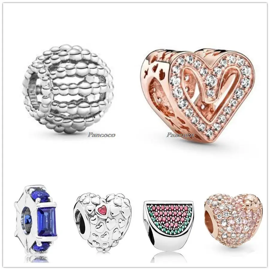 

Authentic 925 Sterling Silver Rose Sparkling Freehand Heart With Crystal Charm Beads Fit Pandora Bracelet & Necklace Jewelry