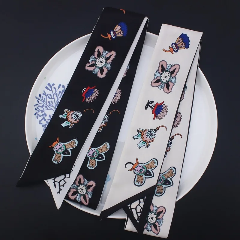 

120cm Tie Bags Silk Scarf Small Ribbon Bee Flowers Neckerchief Cravat Lady Scarves Narrow Hijab Scarf Collar Headwear Accessory