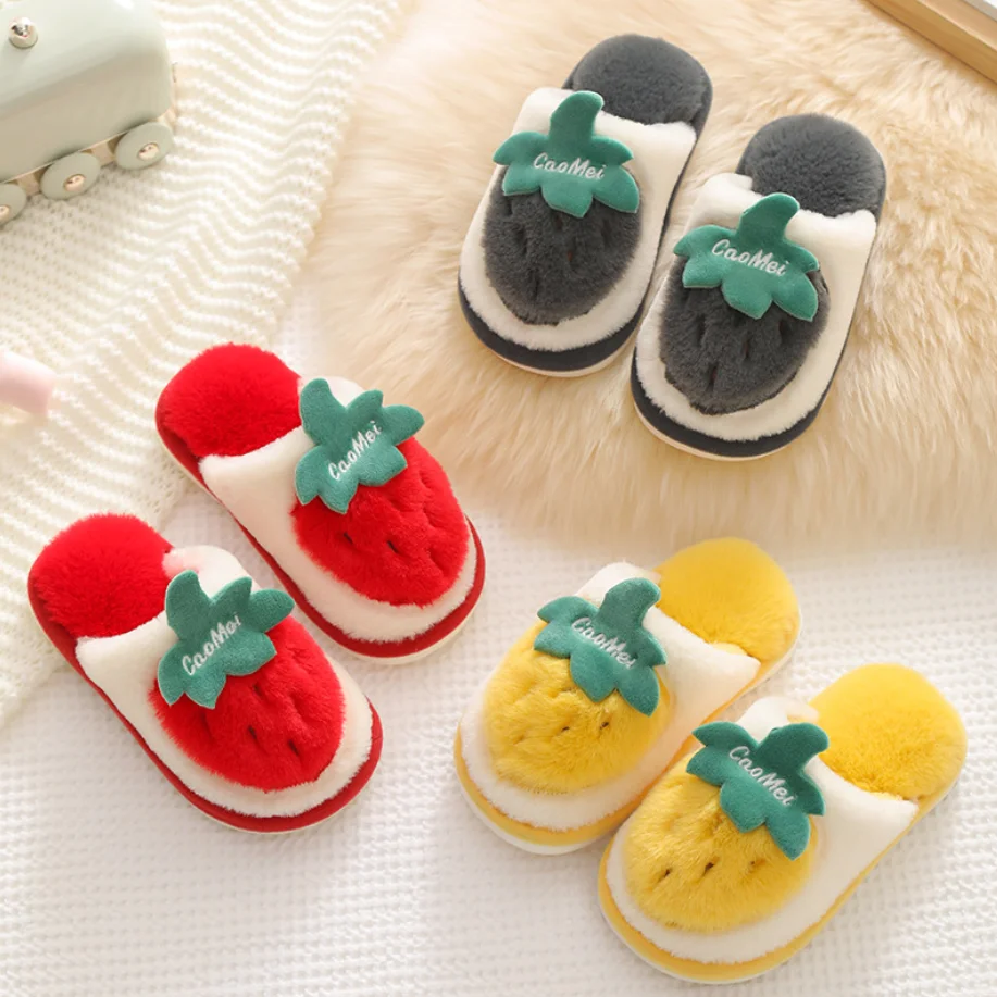 

Winter children's cotton slippers girls plush cartoon slipper strawberry adorable princess baby slippers indoor shoes for kids