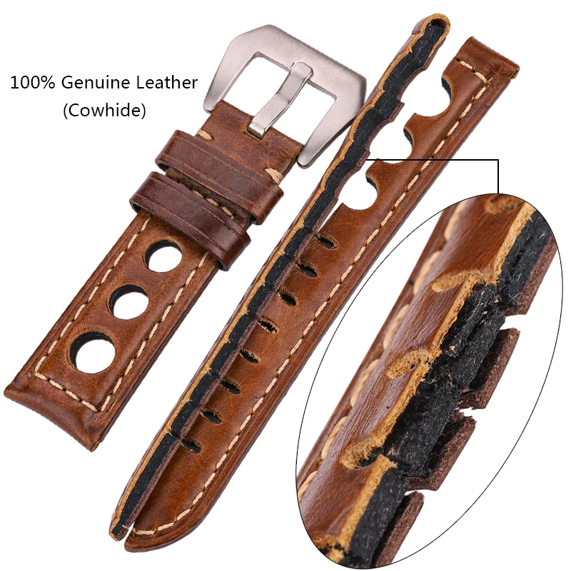 Oil Wax Cowhide Watchbands 22mm 24mm Dark Brown Women Men Fashion Genuine Leather Watch Band Strap Belt With Pin Buckle