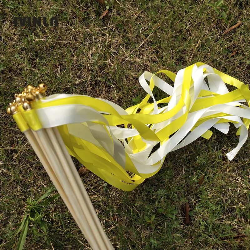 

50Pcs/Lot yellow and white wedding ribbon wands with gold bell for wedding decoration