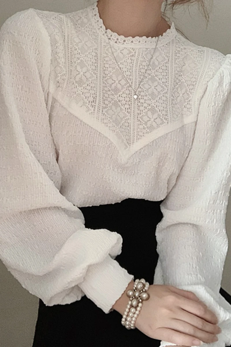 

2021 Lace Patchwork Loose Puff Sleeves Stand Solid Shirt Blouse Women