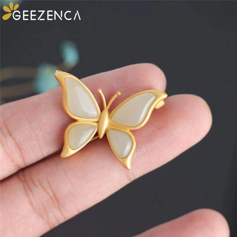 

S925 Sterling Hetian Jade Gold Plated Choker Necklaces For Women Cute Butterfly Brooch Pendant Fine Jewelry Party Christmas Gift
