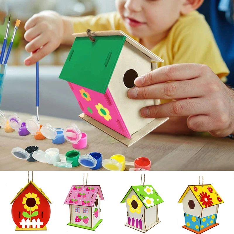 

DIY Birds House Kit For Kids Adults Wooden Bird Supply Parrot House With 12 Colors Paints & 2 Brushes Home Activities Decoration