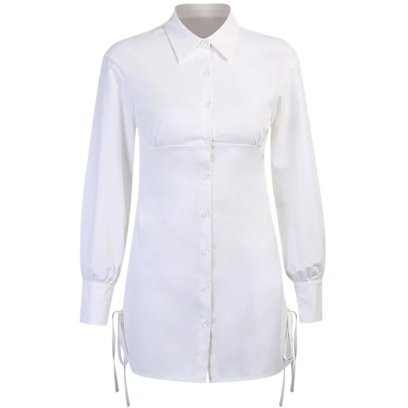 

Women White Shirt Double-Sided Drawstring Shirt Dresses 2021 Spring Casual Sexy Slim Long Sleeve High Waist Top