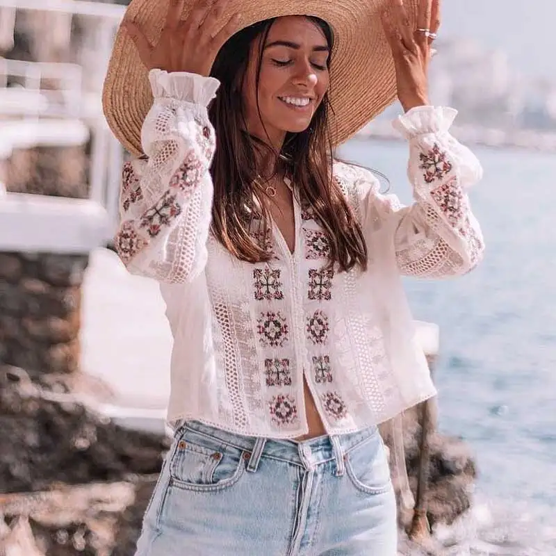 Женская винтажная рубашка с длинным рукавом и вышивкой богемный Вдохновленный