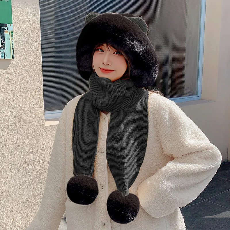 

Japanese Cute Autumn Winter Hats For Women Ear Wool Ball Outdoor WarmTwo-Piece Pullover Hat Scarf Set Black Yellow Pink Scarfs