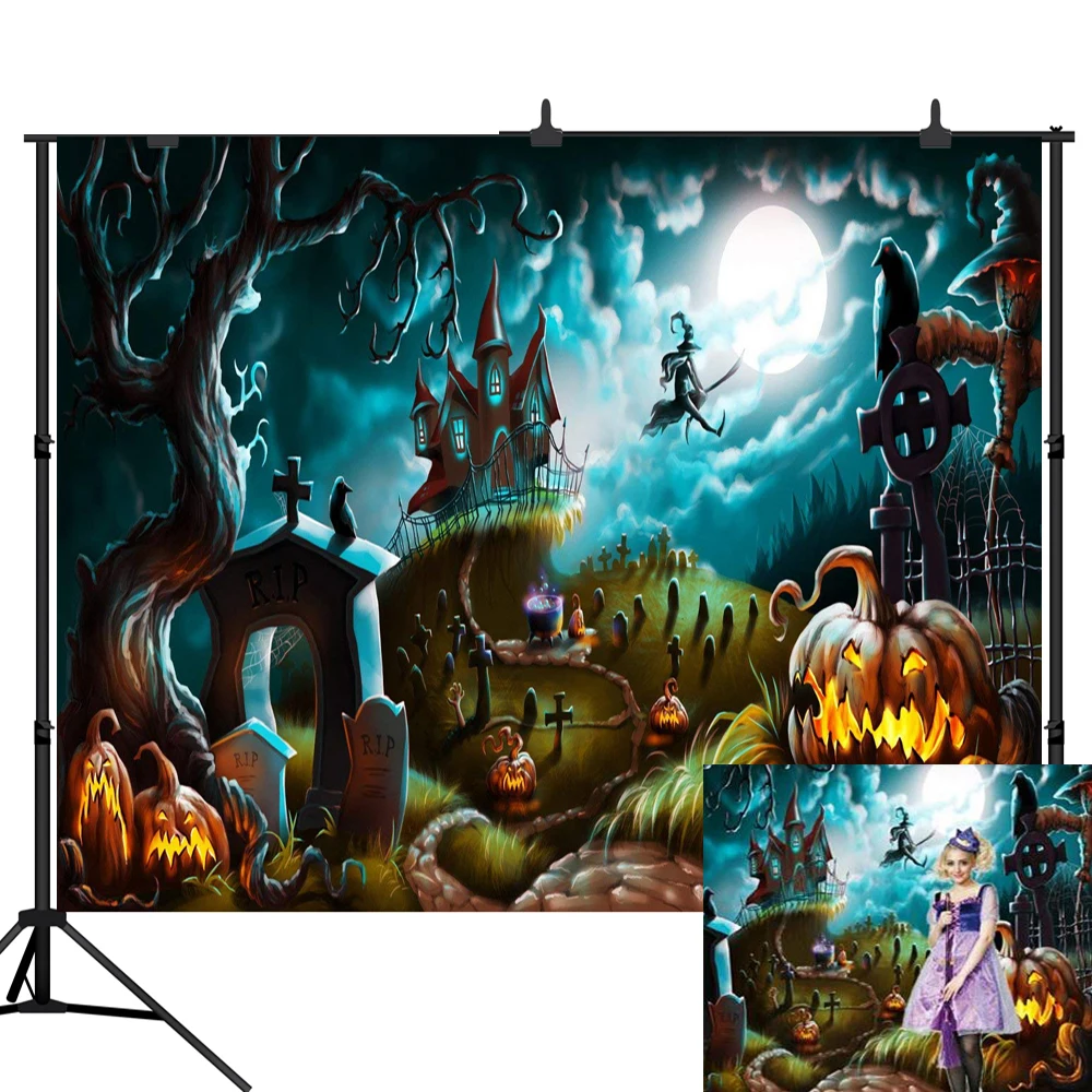 

Lyavshi фон для фотосъемки Хэллоуин замок фон для фотосъемки Ночная ведьма вороны Тыква Луна кладбище мультфильм реквизит для фотостудии