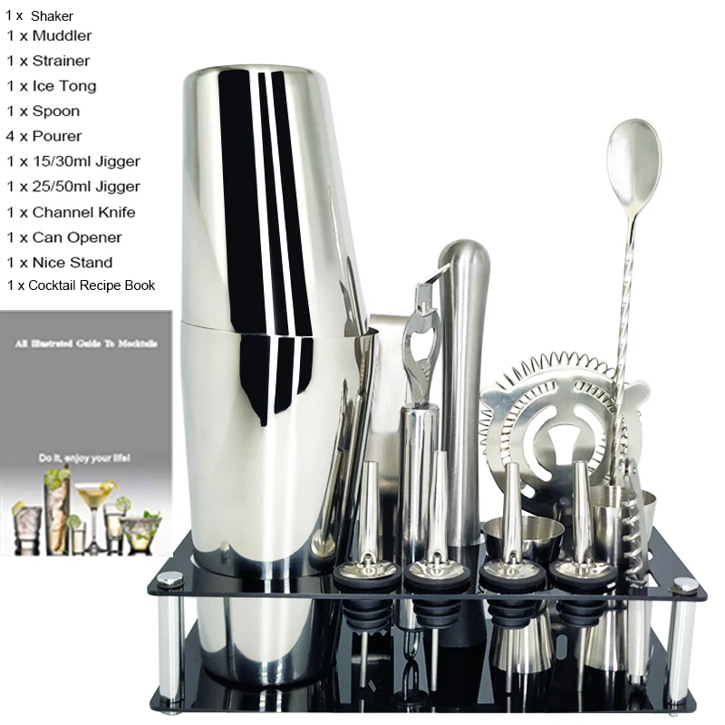 

1-14 Pcs/set 600ml 750ml Stainless Steel Cocktail Shaker Mixer Drink Bartender Browser Kit Bars Set Tools With Wine Rack Stand