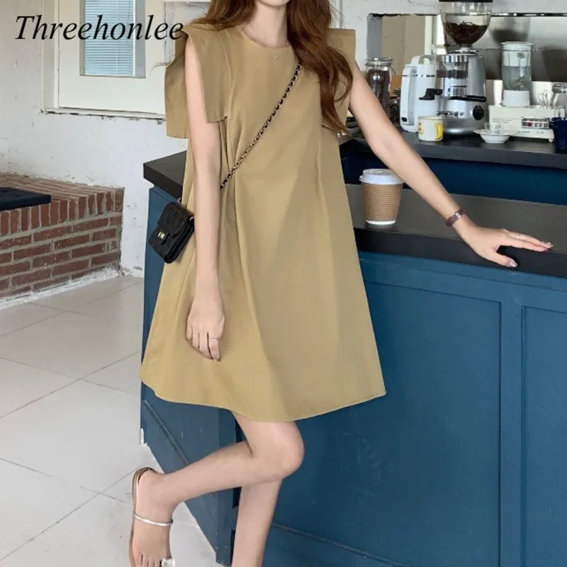 

Женские повседневные платья в Корейском стиле, однотонные свободные элегантные офисные платья мини без рукавов и с круглым вырезом, лето 2021