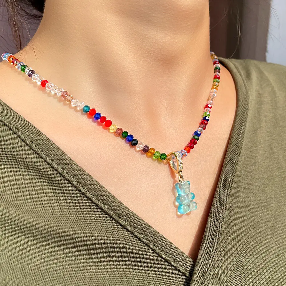 

Bohemia Beach Jelly Gummy Bear Pendant Necklaces For Women Girls Rainbow Crystal Beaded Necklaces Fashion Simple Choker Jewelry