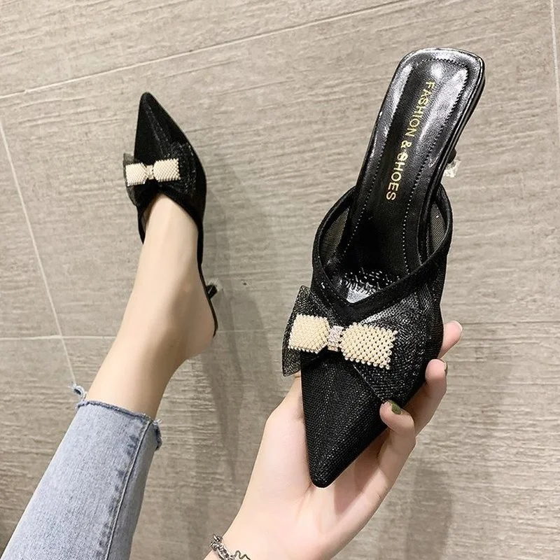 

2021 Spring Women's Pointed Toe Crystal Butterfly-Knot Thin High Heels Slippers Fashion Slip On Ladies Mules Shoes Party Slides