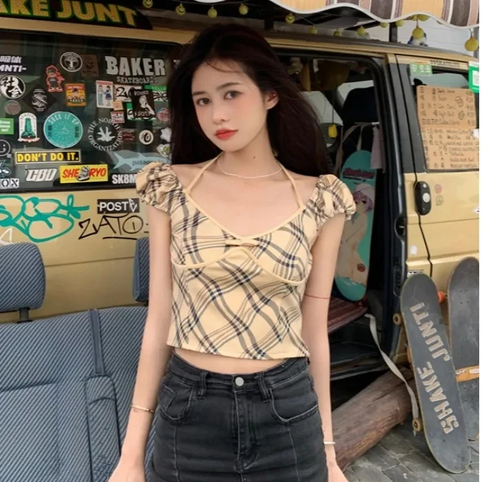 

Женские винтажные укороченные топы в стиле ретро y2k, сексуальные майки в стиле Харадзюку, эстетичные Топы в стиле 90-х с лямкой на шее, футболк...