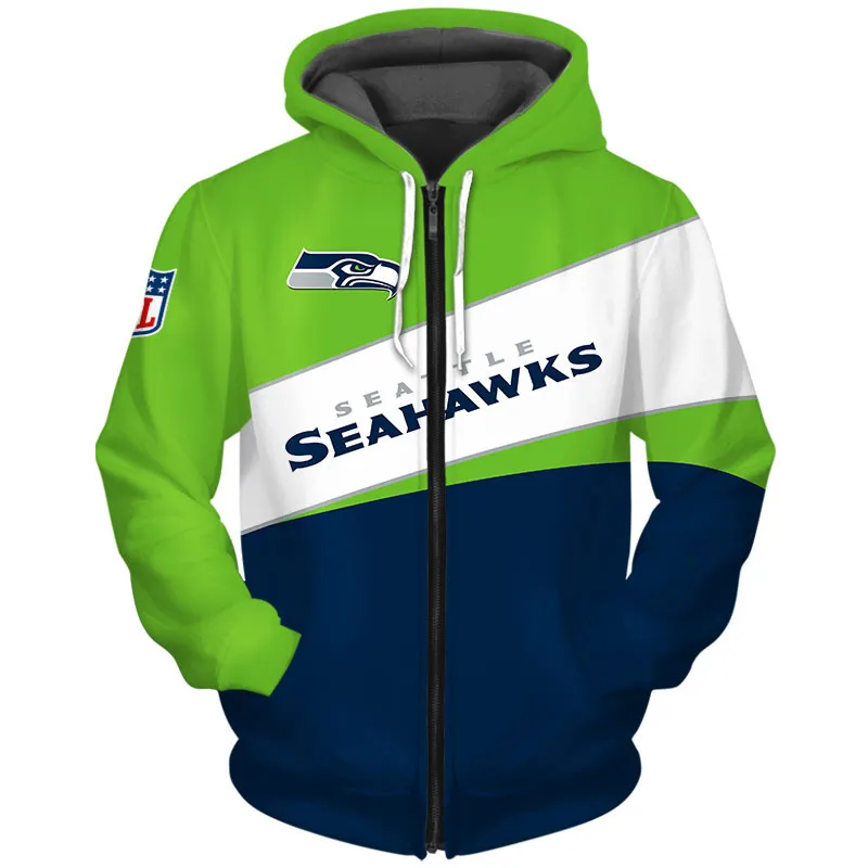 Модные толстовки с капюшоном Сиэтл Американский футбол Seahawks на молнии зеленая