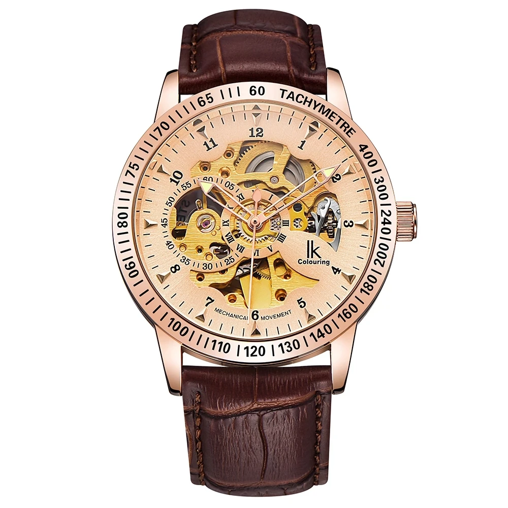 

IK Mens Watches Top Brand Luxury Rose Gold Male Clock Automatic Mechanical Skeleton Wristwatch Steampunk Relogio feminino