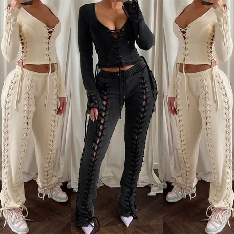 

BKLD Women Clothing Sexy Tracksuit Lace-Up Hollow Out Long Sleeve Crop Top And Pants Sweatsuits Fashion Two Piece Sets 2021 New