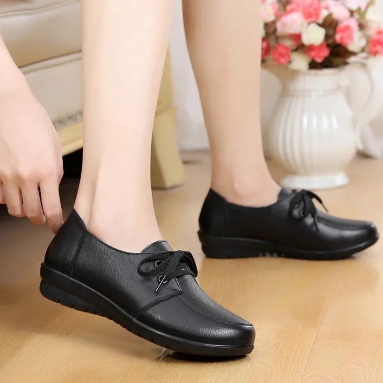 

Women Genuine Leather Shoes Ladies Casual Non-slip Lace-up Leather Platform Shoes Moccasins Girls Black Loafers Flat Footwear