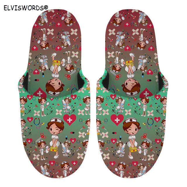 

ELVISWORDS Women Shoes Cute Nurse Design Comfortable Ladies Winter Flannel Warm Shoes Non-slips Floor Slides for Female Indoor