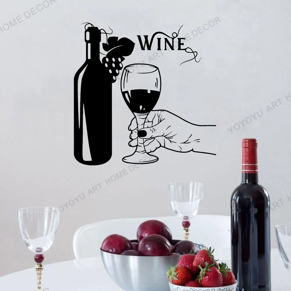 Виниловая наклейка на стену винная бутылка ручное стекло виноград ресторан