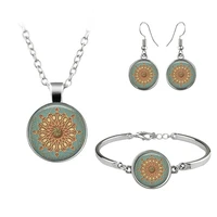 hinduism buddhism mandala om jewelry set cabochon glass pendant necklace earring bracelet totally 4 pcs for women birthday gifts