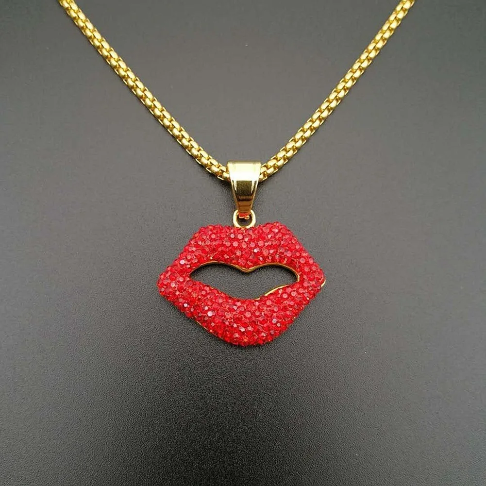

Bling Bling Red Lips Necklace&Pendant with Stainless Steel Chain Gold Color Titanium Steel Men's Women Hip Hop Jewelry for Gift