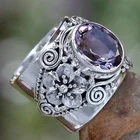 Изысканное женское модное винтажное серебряное кольцо с широким краем и гравировкой цветов кольцо с натуральным аметистом