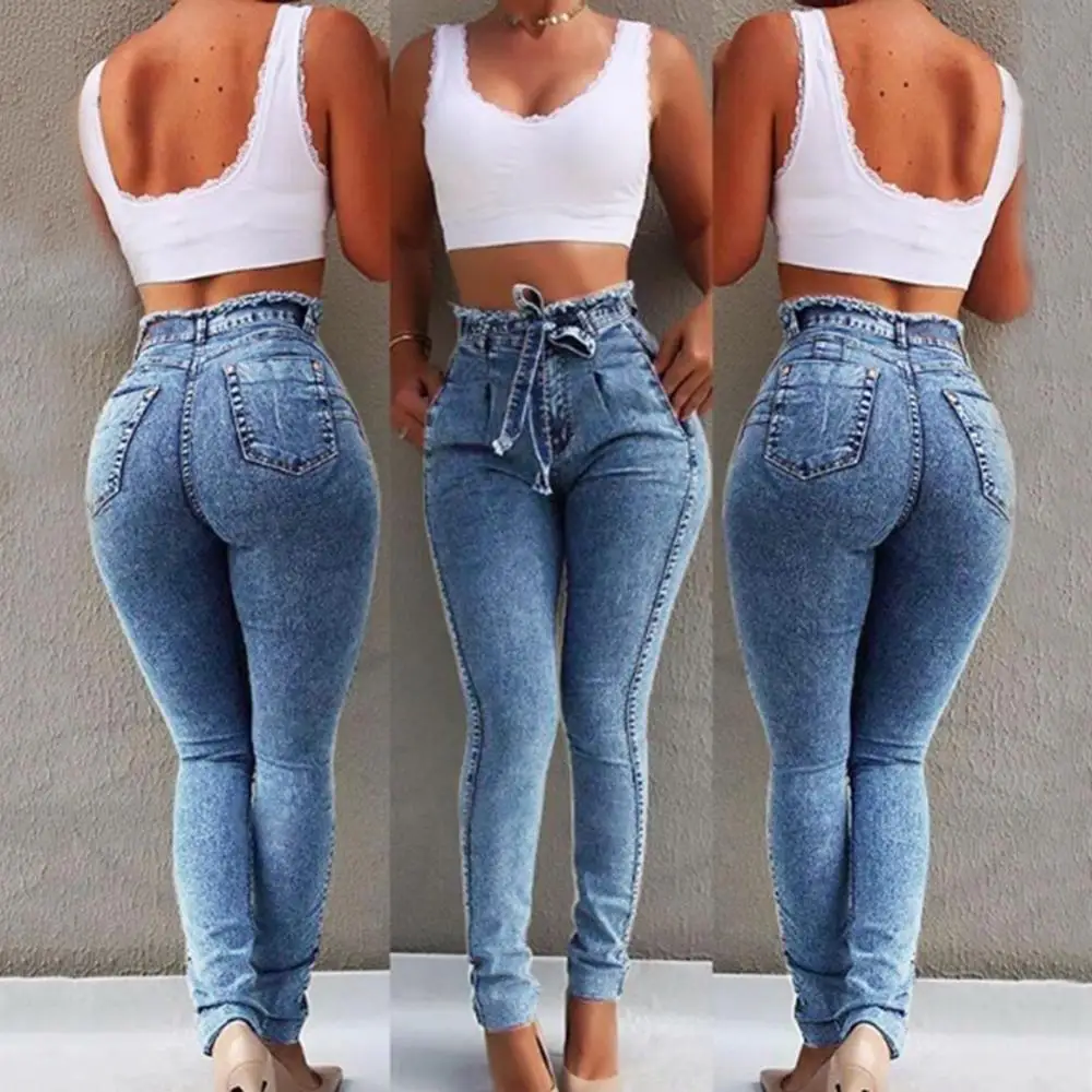 

80% Hot Sales Women High Waist Tassel Belt Slim Stretchy Jeans Denim Leggings Pencil Pants