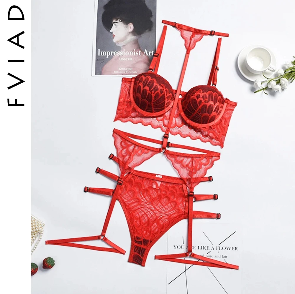 

Women Erotic Bra Panties Sling Set Lace Halter Neck With Chest Pad Dponge Underwire Underwear Suit Translucent Sexy Lingerie