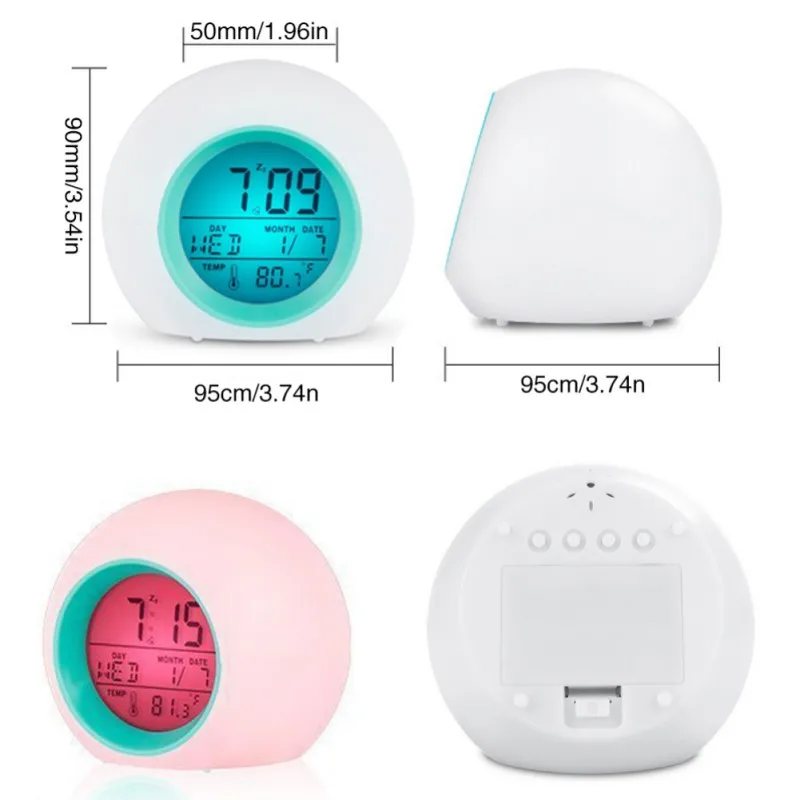 

Kids Alarm Clock 7 Colors Changing Light Bedside Clocks Touch Control Indoor Temperature Calendar Snoozing