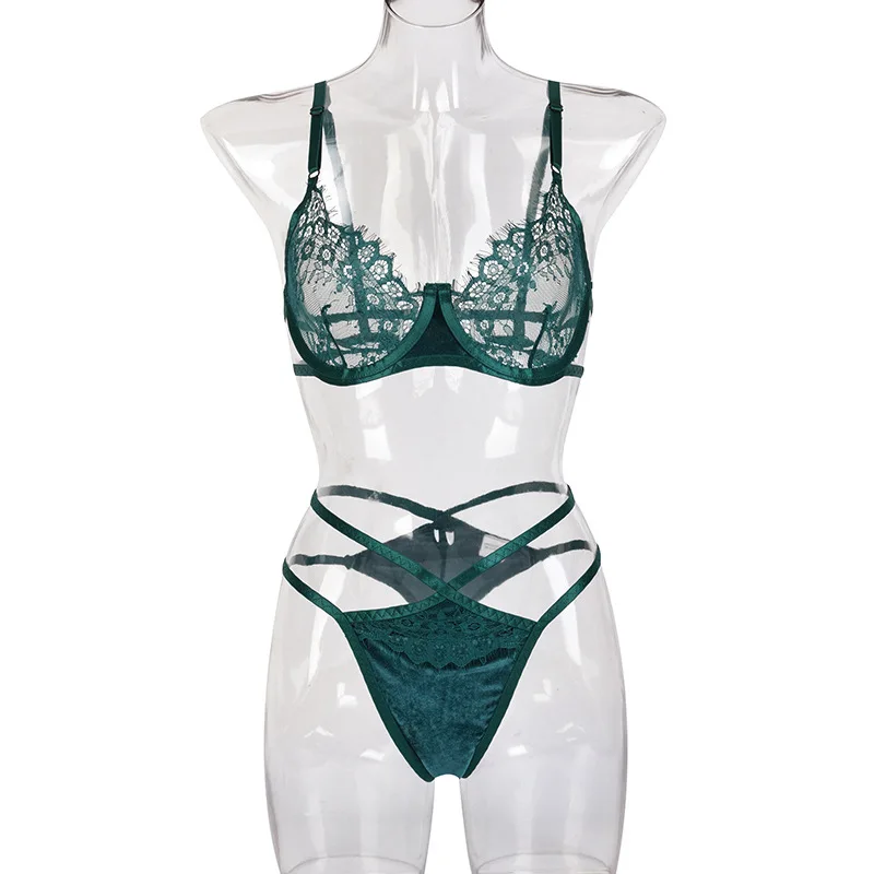 

Women Sexy Lingerie Lace transparent Bra Panties Set Erotic Briefs Dark Green Suede Stitching Sexy Underwear