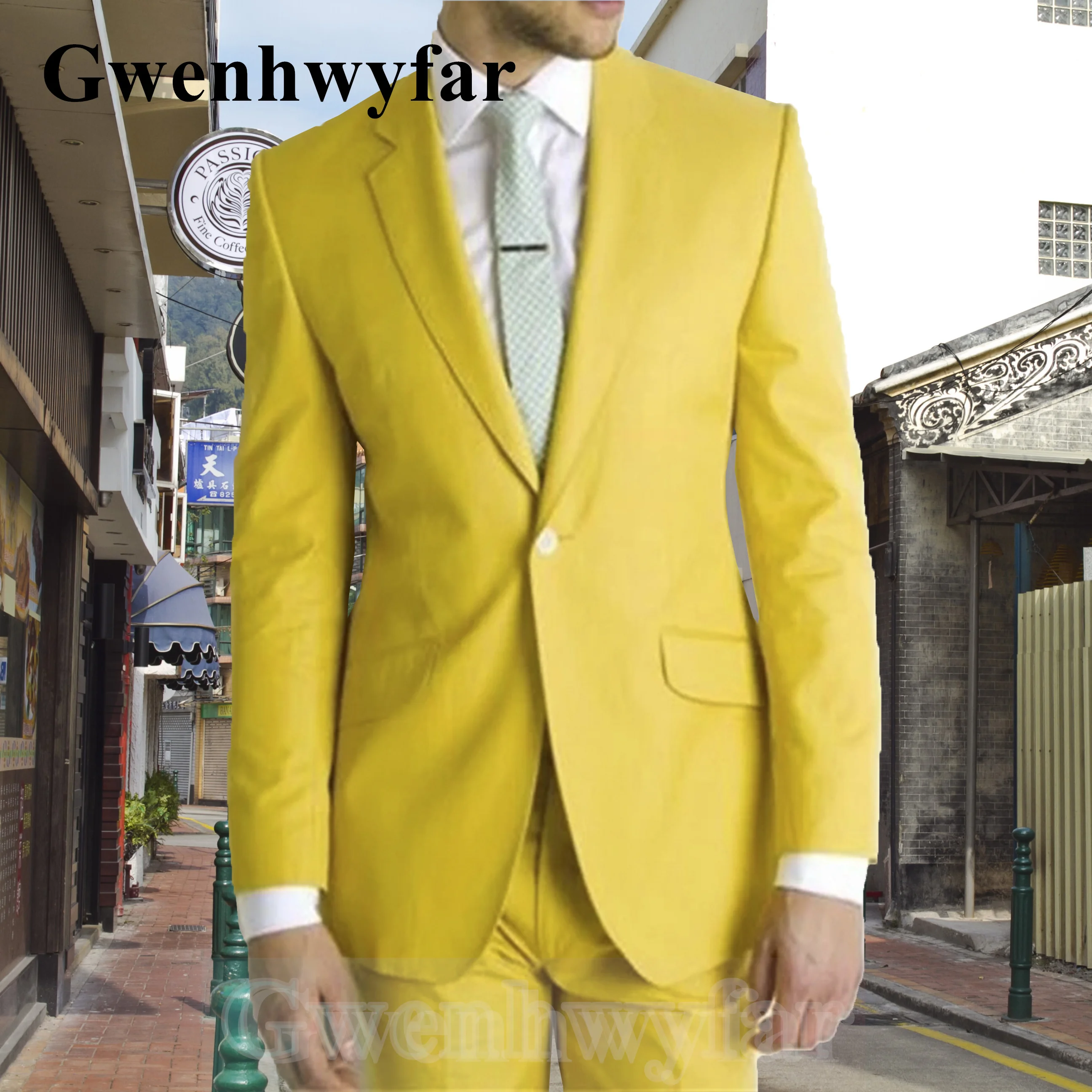 

Gwenhwyfar 2021 autumn new style yellow handsome men's suit single-breasted groom wedding tuxedo best men's two-piece suit